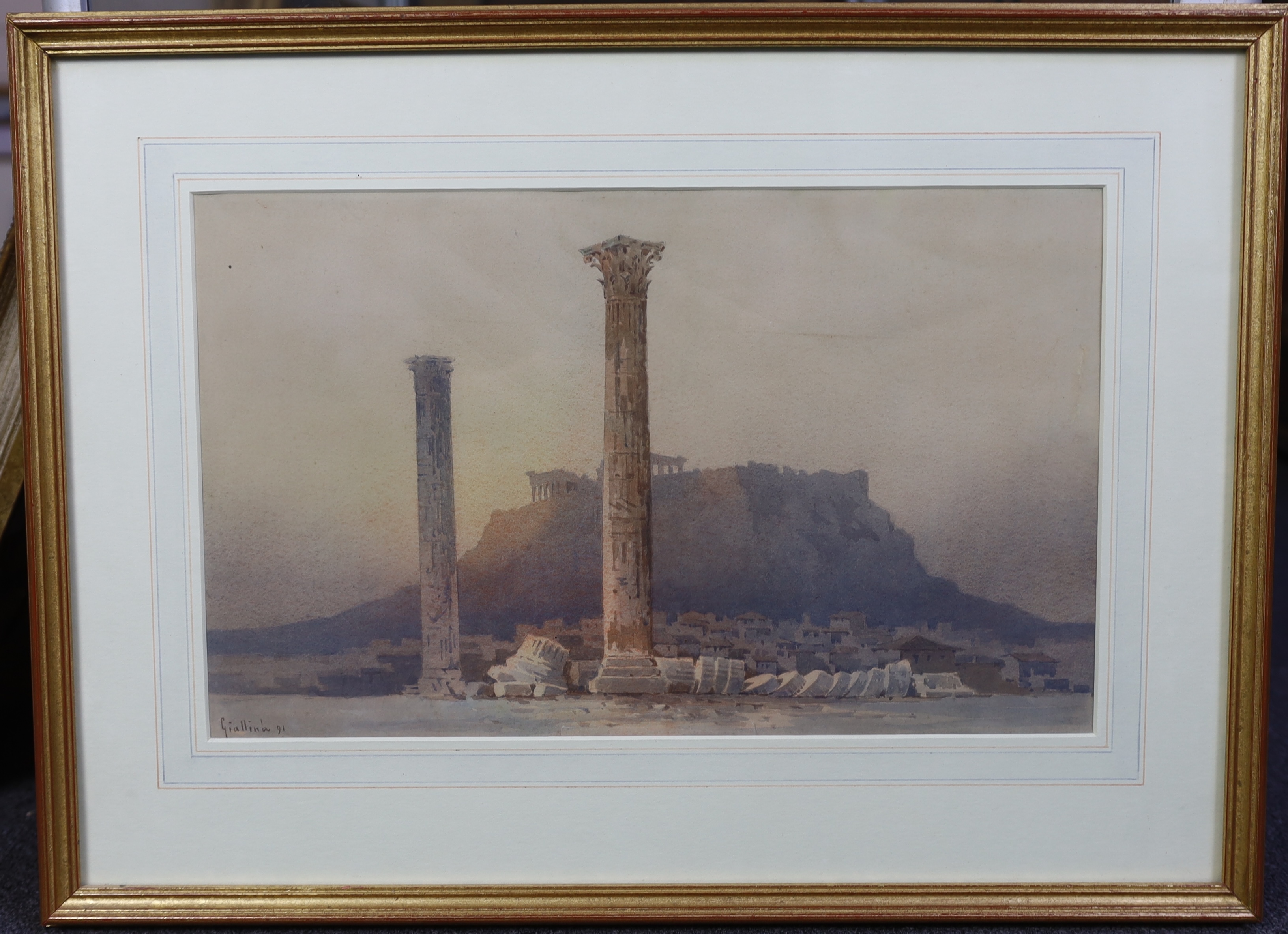 Angelos Giallina (Greek, 1857-1939), The Acropolis at Athens, watercolour, 36.5 x 44cm
